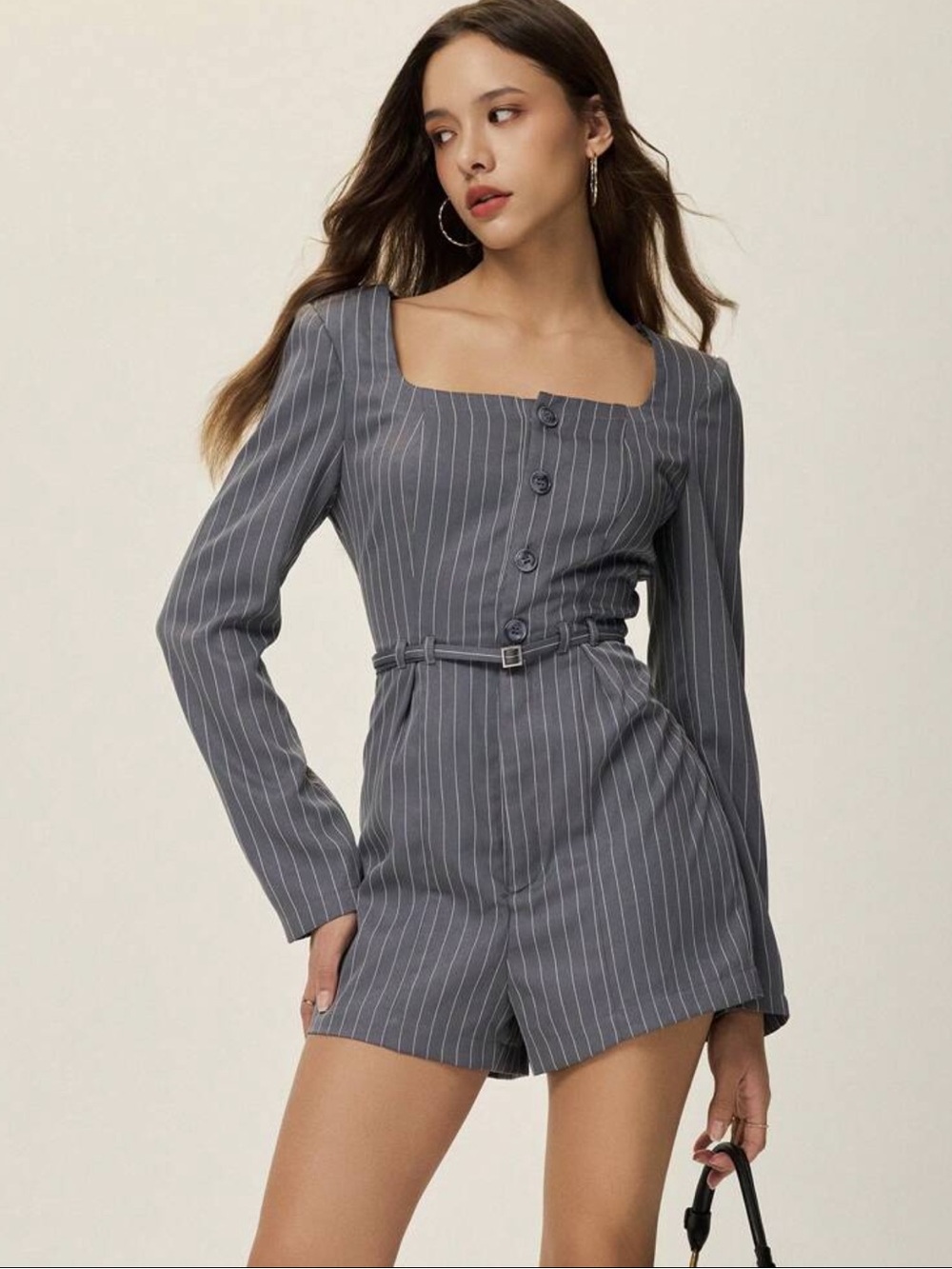 Striped Square-Neck Long-Sleeve Romper in Gray